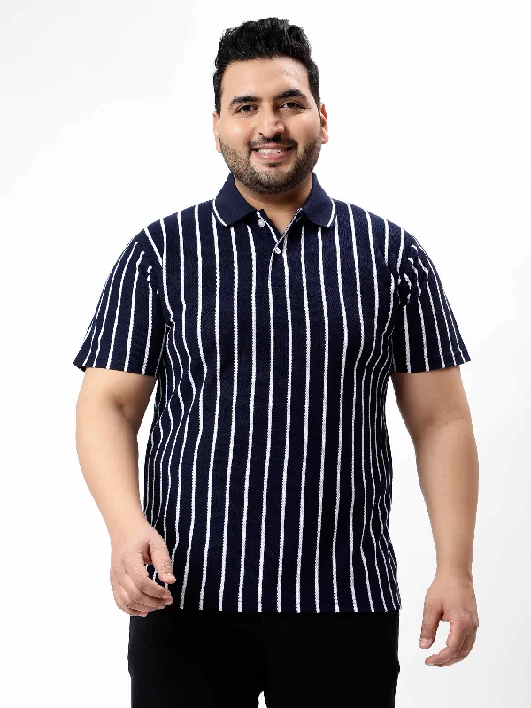 Men's Shirts with Custom MonogramsNavy Blue Striped Premium Polo T-shirt