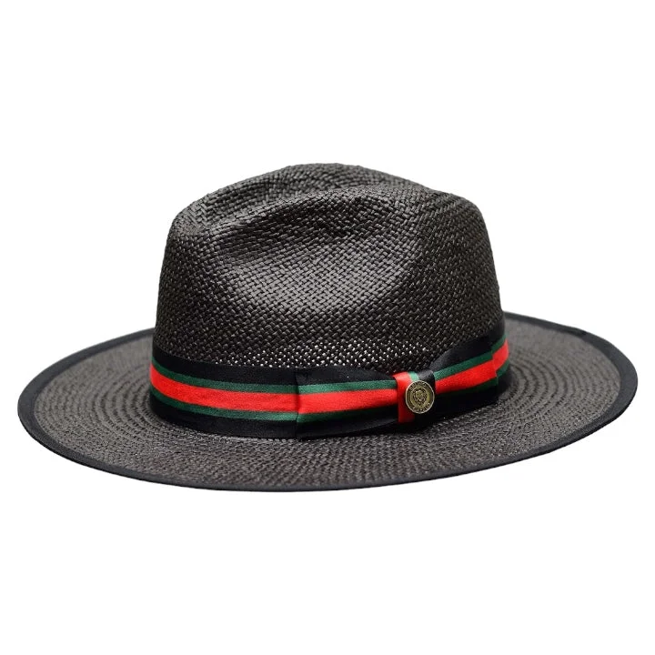 Warm Winter BeaniesBlack Men's Straw Fedora Hat Flat Wide Brim Red and Green Band Ventino Collection