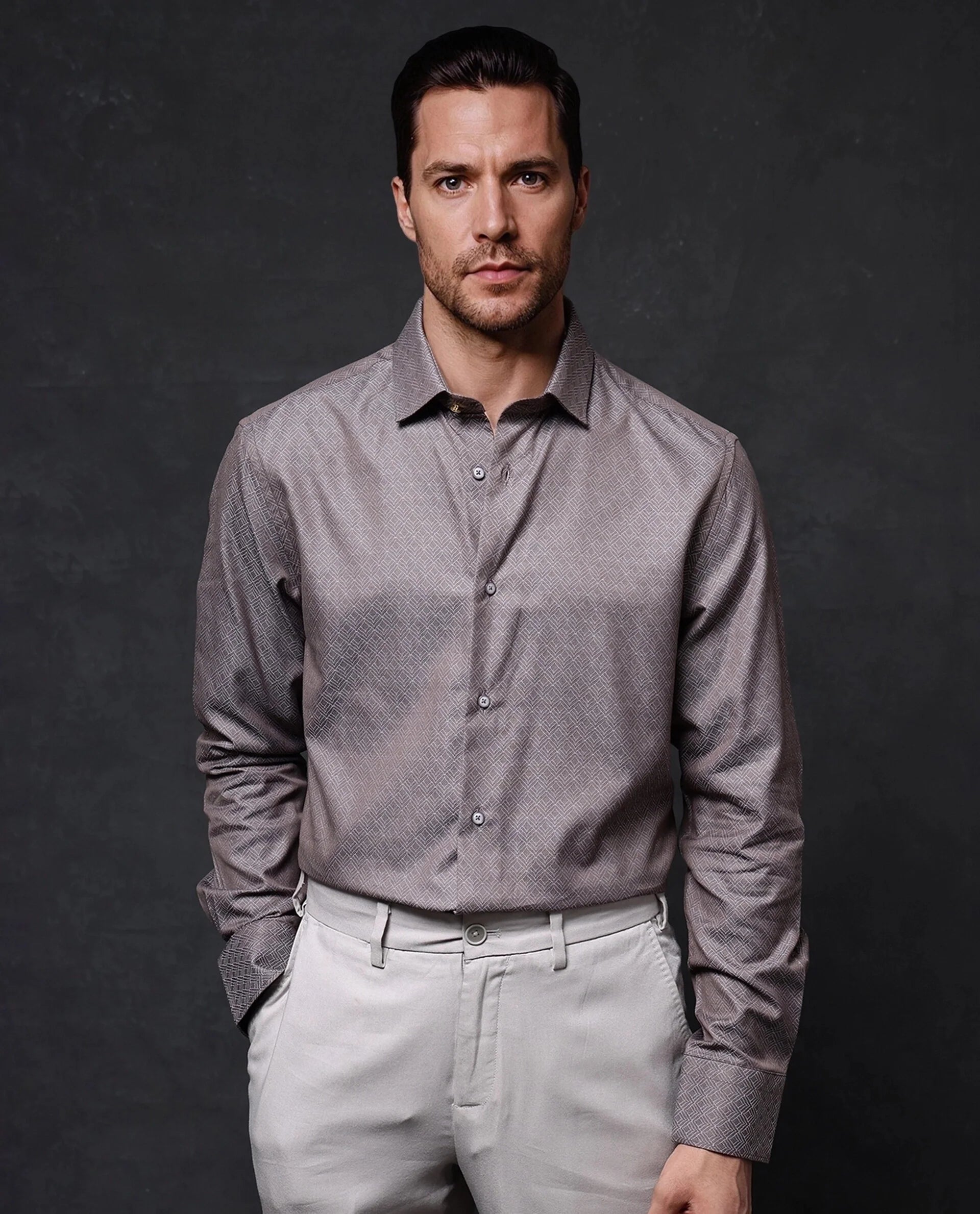 Men's Solid-Color Button-Down Shirts for VersatilityRare Rabbit Men Homa Brown Cotton Fabric Full Sleeve Regular Fit Jacquard Shirt
