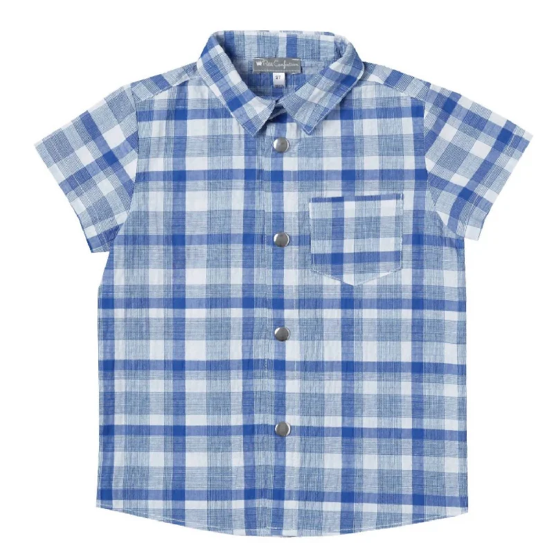 Men's Sleeveless Shirts for Summer ComfortBoys' Plaid Short-Sleeve Shirt In Blue