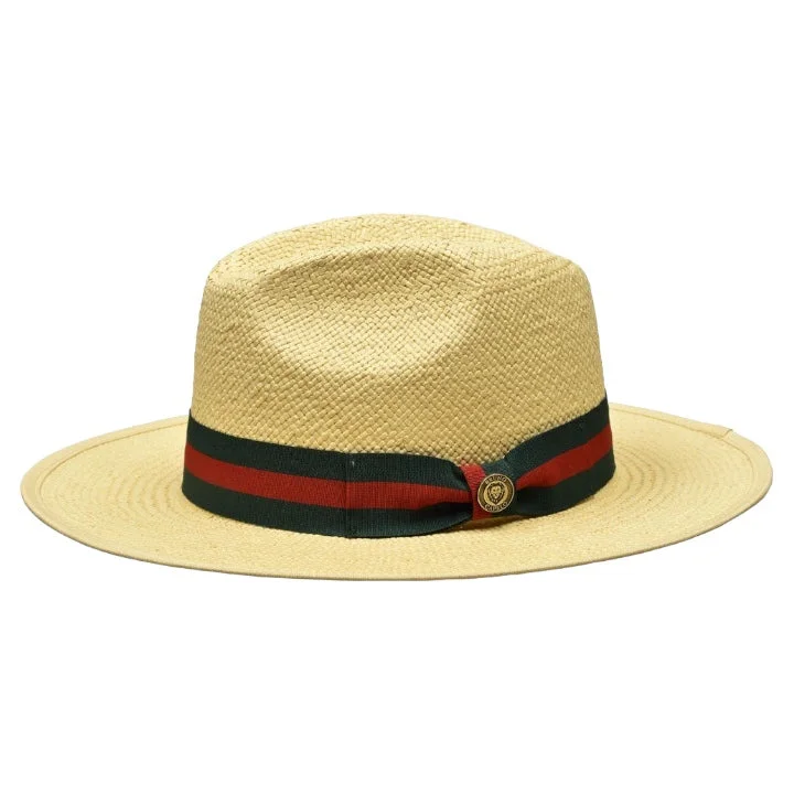 Summer Bucket CapsNatural Men's Straw Fedora Hat Flat Wide Brim Red and Green Band Ventino Collection Summer Bucket CapsNatural Men's Straw Fedora Hat Flat Wide Brim Red and Green Band Ventino Collection