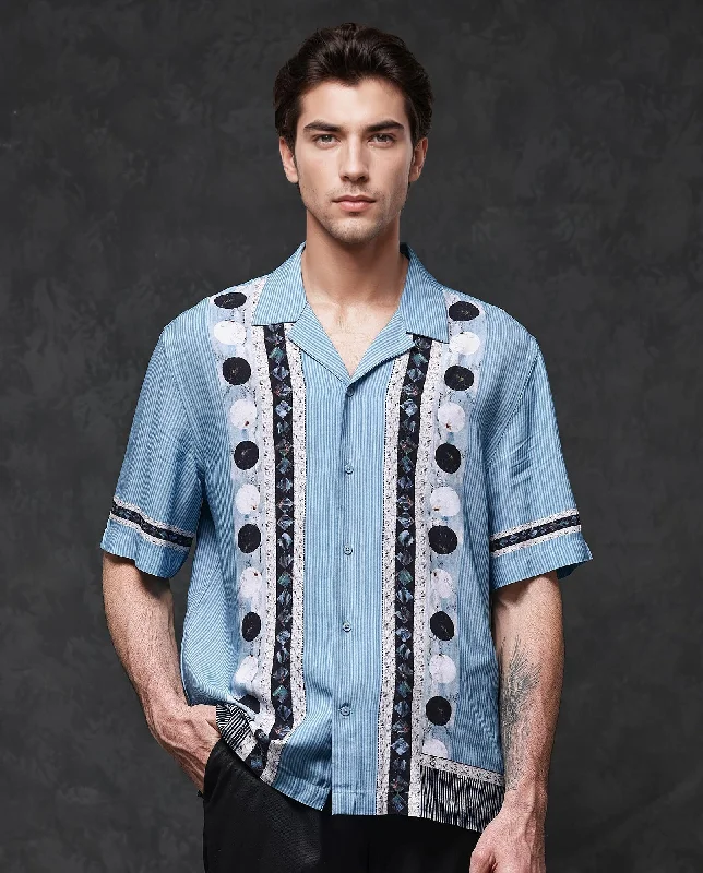 Men's Wingtip-Collar Shirts for a Classic TouchRare Rabbit Mens Bortan Light Blue Boxy Fit Short Sleeve Placement Print Cuban Collar Shirt Men's Wingtip-Collar Shirts for a Classic TouchRare Rabbit Mens Bortan Light Blue Boxy Fit Short Sleeve Placement Print Cuban Collar Shirt