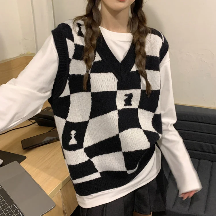 Men's Sweaters with Elastic CuffsKittenAlarm - Loose Chess Plaid V-Neck Vest Sweater