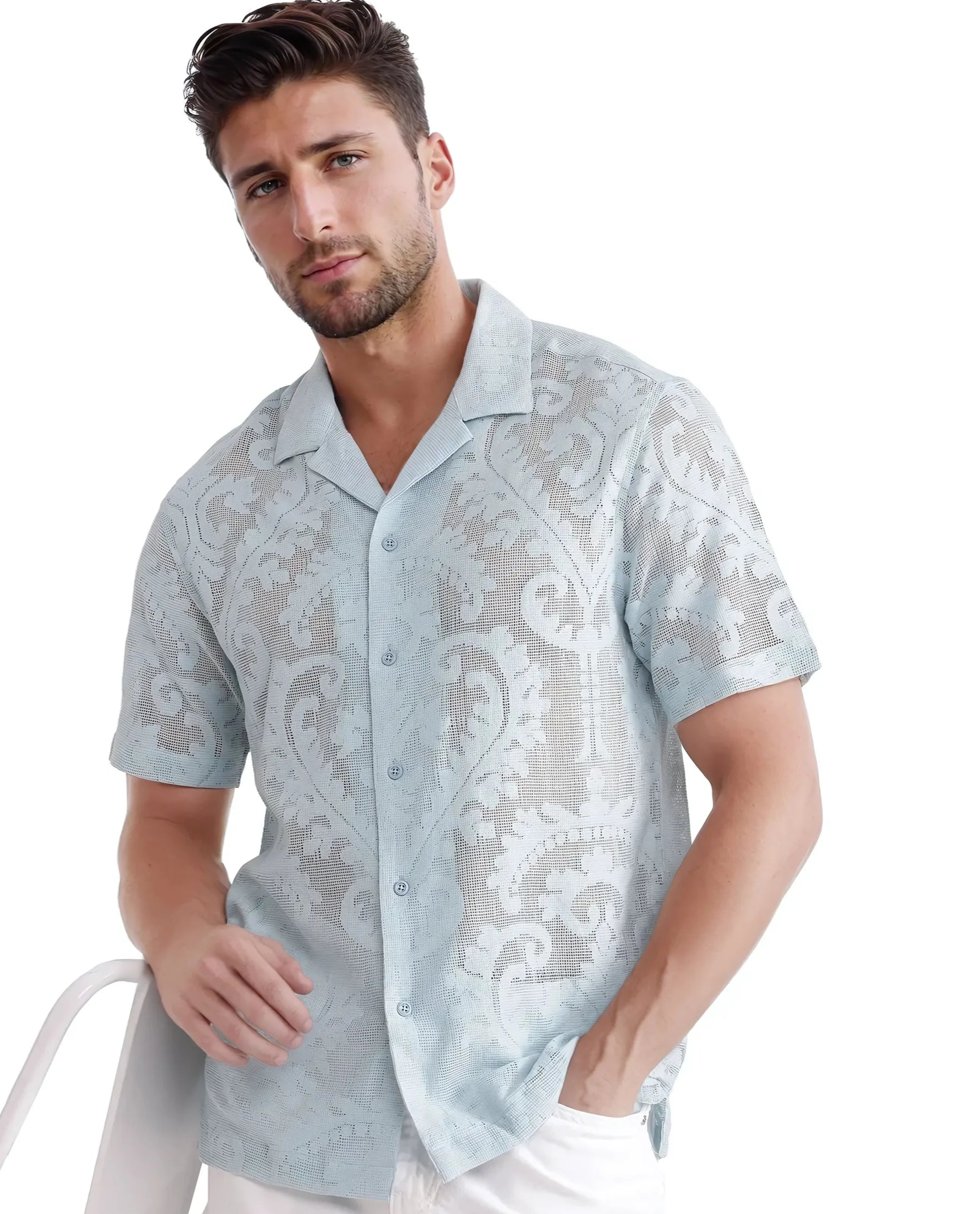 Men's Stain-Resistant Shirts for Mess-Free WearRare Rabbit Men's Kiv Light Blue Cotton Fabric Short Sleeve Cuban Collared Knitted Floral Sheer Shirt Men's Stain-Resistant Shirts for Mess-Free WearRare Rabbit Men's Kiv Light Blue Cotton Fabric Short Sleeve Cuban Collared Knitted Floral Sheer Shirt