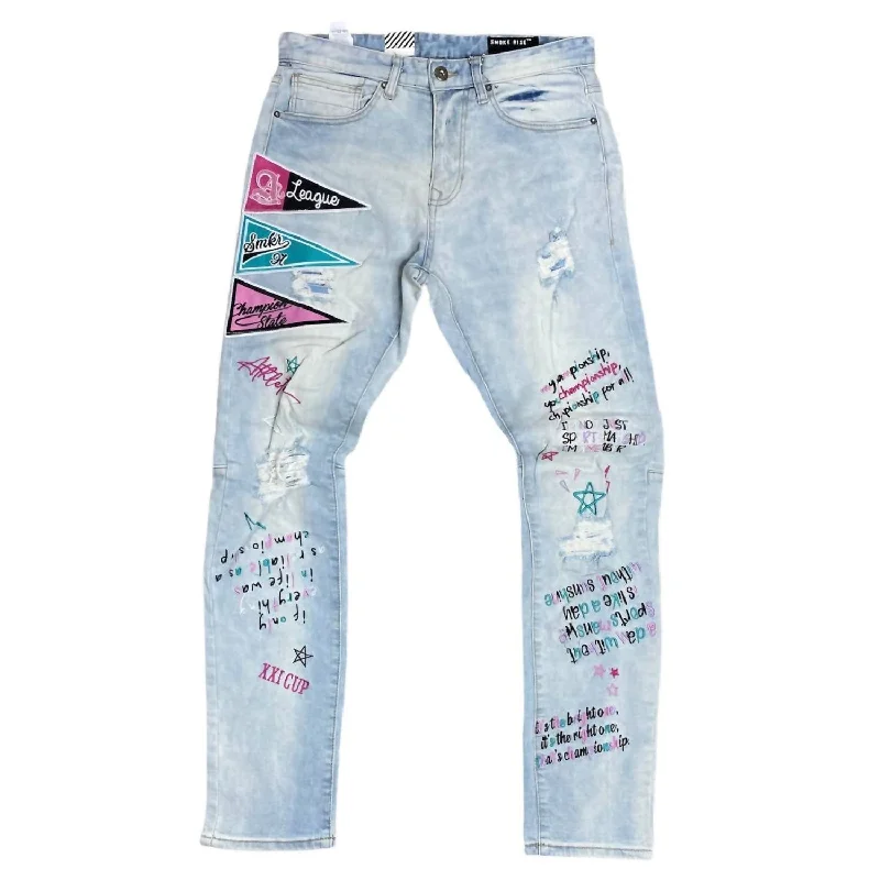 Dark Indigo Men's JeansMen's Embroidered Fashion Jean In Ice Flow Blue