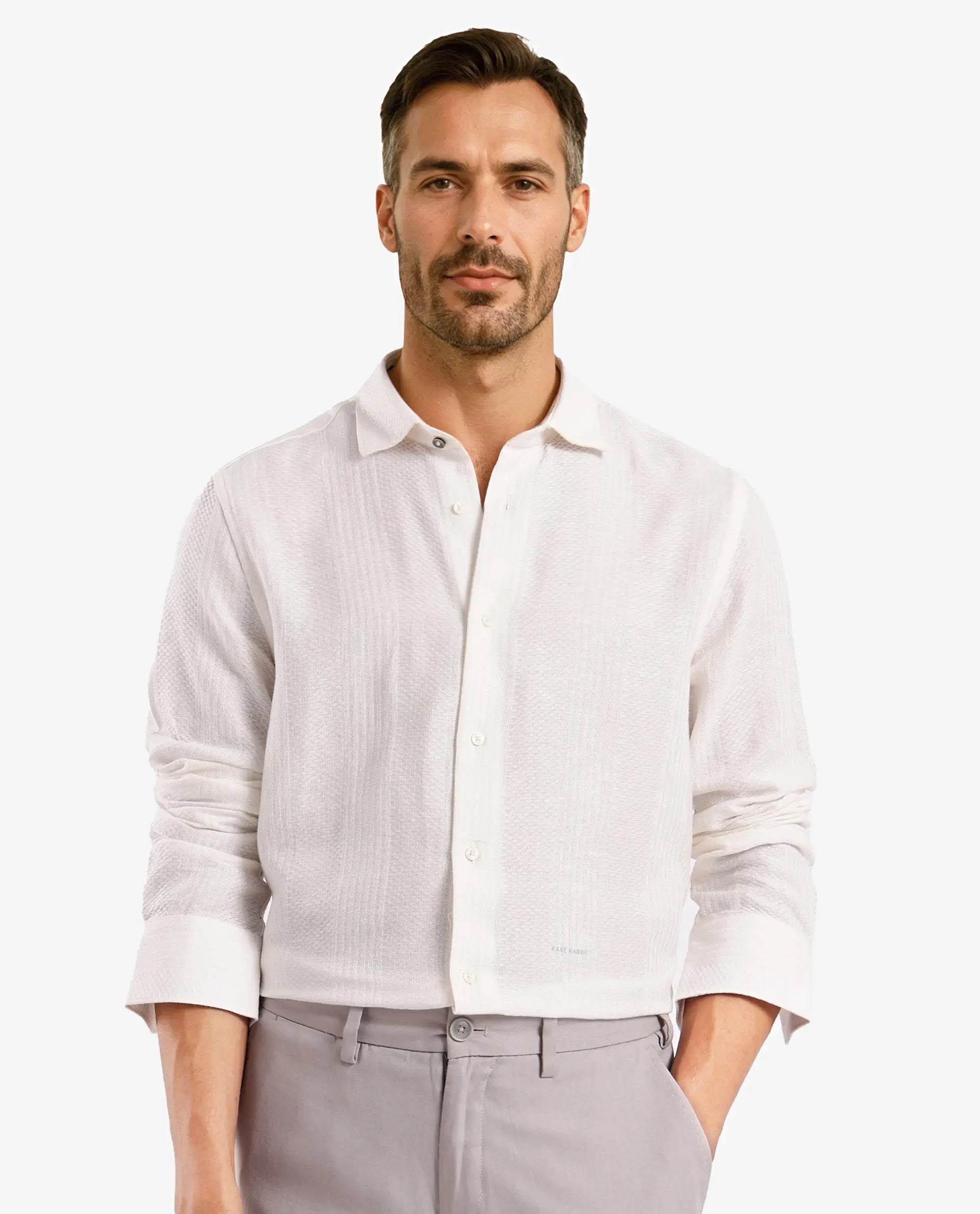 Men's Solid-Color Block Shirts for a Bold StatementRare Rabbit Men Aube Off White Cotton Fabric Full Sleeve Slim Fit Plain Shirt Men's Solid-Color Block Shirts for a Bold StatementRare Rabbit Men Aube Off White Cotton Fabric Full Sleeve Slim Fit Plain Shirt