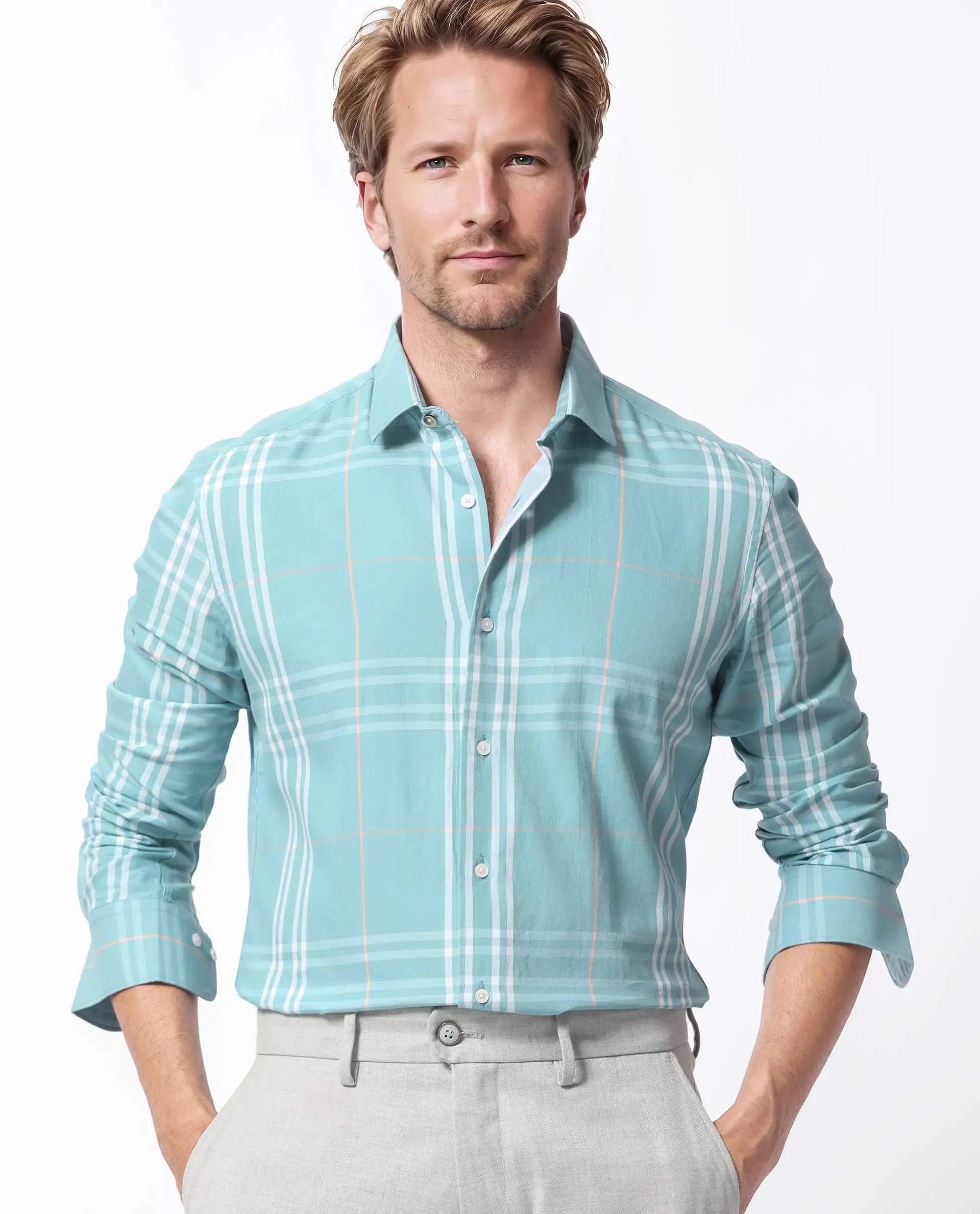 Men's Bamboo Fiber Shirts for Softness and BreathabilityRare Rabbit Men's Garet Turq Cotton Fabric Full Sleeves Checks Shirt Men's Bamboo Fiber Shirts for Softness and BreathabilityRare Rabbit Men's Garet Turq Cotton Fabric Full Sleeves Checks Shirt
