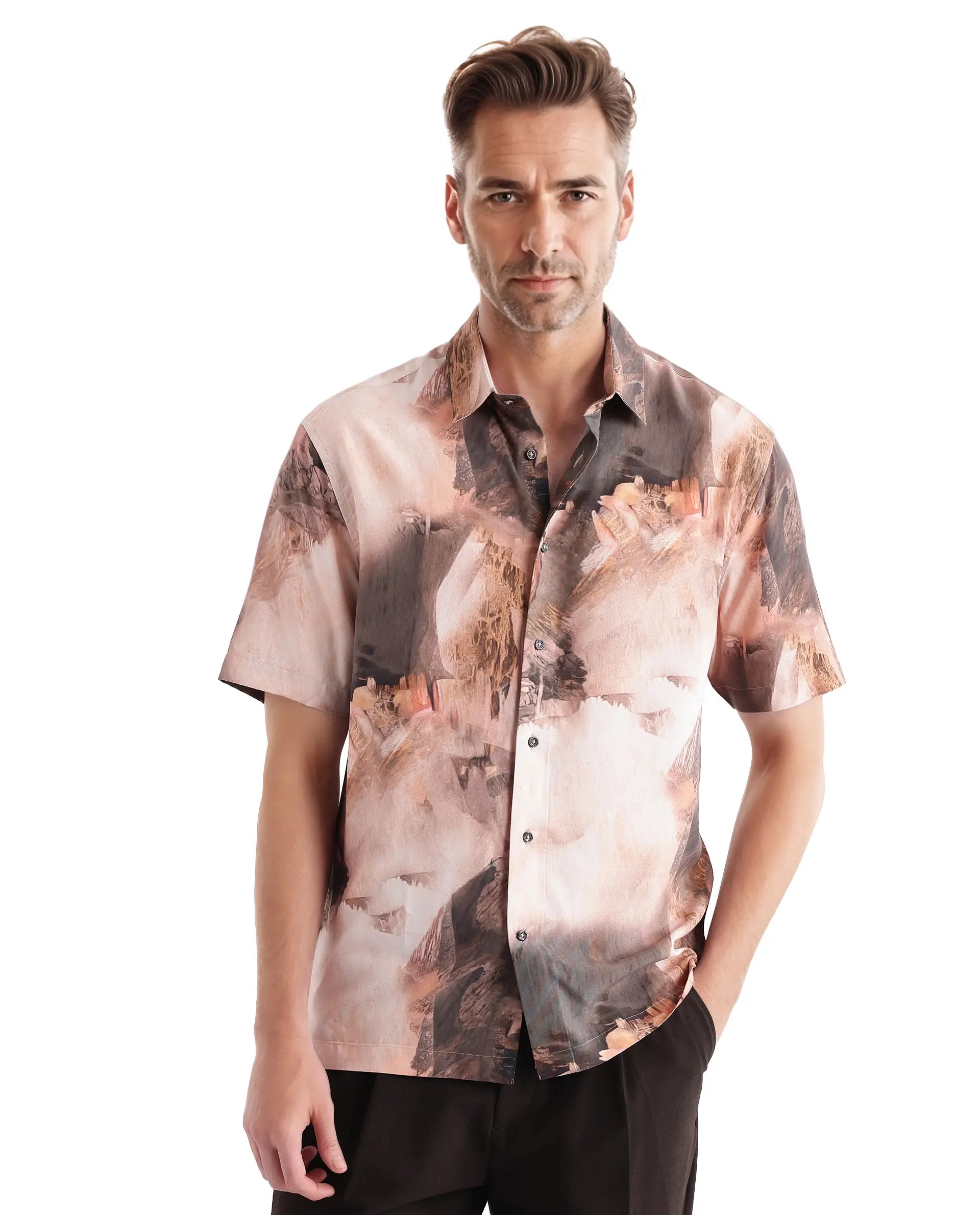 Men's Tailored Shirts for a Sharp AppearanceRare Rabbit Men Painter Peach Cotton Fabric Full Sleeve Collared Neck Button Closure Slim Fit Printed Shirt Men's Tailored Shirts for a Sharp AppearanceRare Rabbit Men Painter Peach Cotton Fabric Full Sleeve Collared Neck Button Closure Slim Fit Printed Shirt