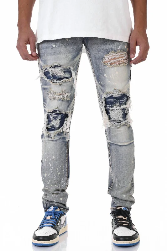 Men's Jeans with Functional PocketsPatched Ripped Jeans In Vintage Medium Blue