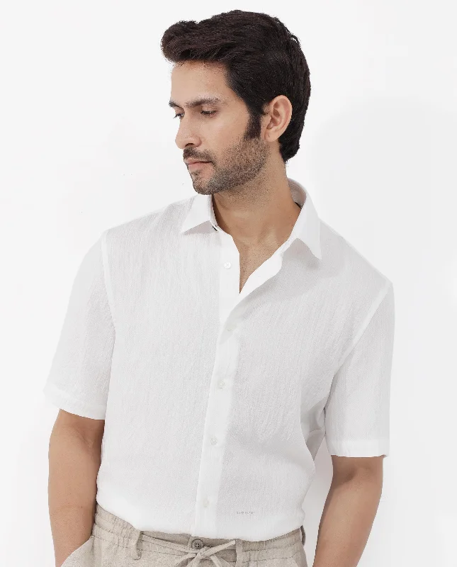 Men's Tab-Collar Shirts for a Crisp LookRare Rabbit Mens Zion White Cotton Fabric Half Sleeve Boxy Fit Textured Solid Shirt Men's Tab-Collar Shirts for a Crisp LookRare Rabbit Mens Zion White Cotton Fabric Half Sleeve Boxy Fit Textured Solid Shirt