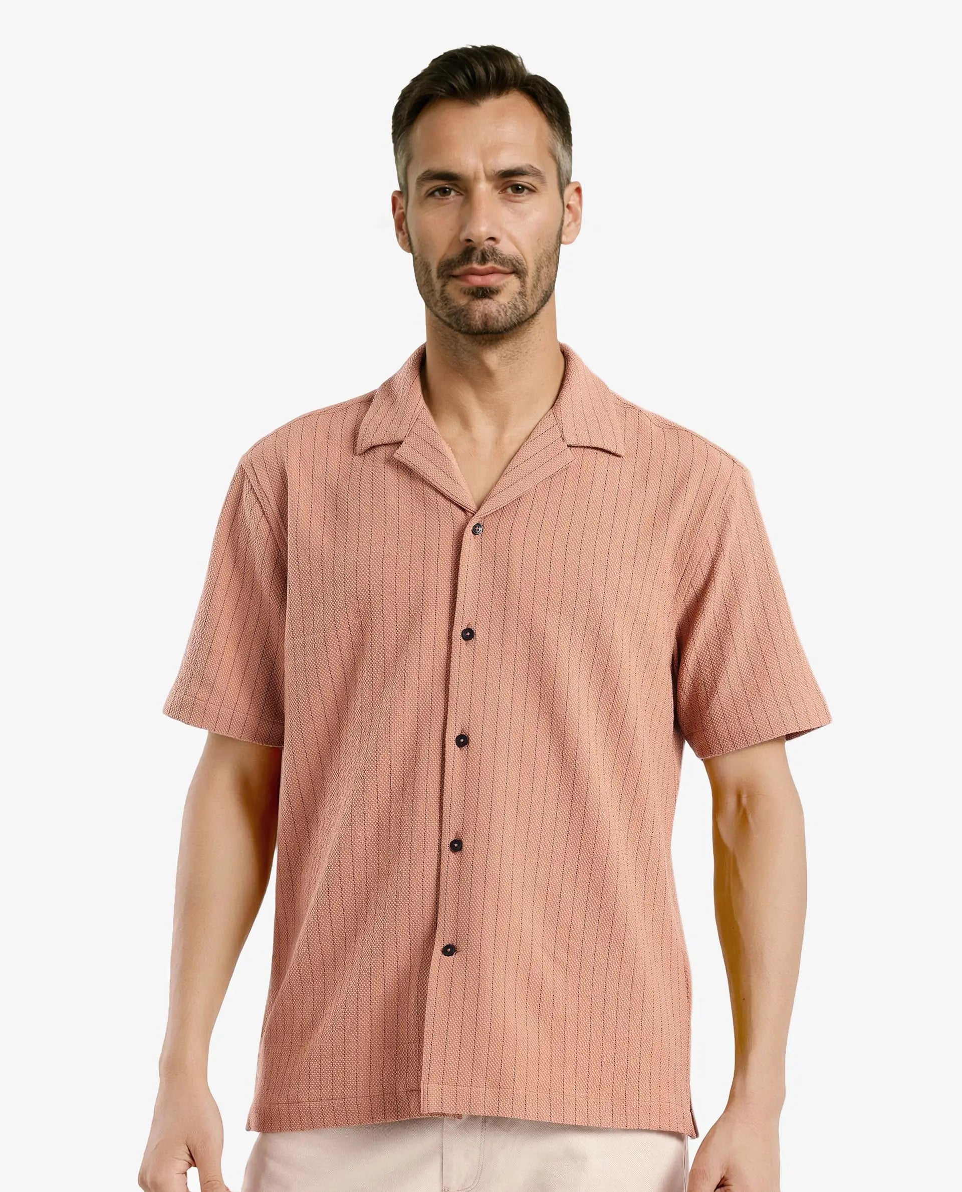 Men's Denim Shirts for a Rugged LookRare Rabbit Men's Melon Dusky Orange Poly Blend Fabric Half Sleeve Cuban Collared Boxy Fit Striped Shirt Men's Denim Shirts for a Rugged LookRare Rabbit Men's Melon Dusky Orange Poly Blend Fabric Half Sleeve Cuban Collared Boxy Fit Striped Shirt