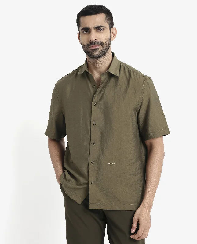 Men's Casual Friday Shirts for Relaxed Office DaysRare Rabbit Men Blois Olive Viscose Nylon Fabric Short Sleeve Slim Fit Plain Shirt Men's Casual Friday Shirts for Relaxed Office DaysRare Rabbit Men Blois Olive Viscose Nylon Fabric Short Sleeve Slim Fit Plain Shirt