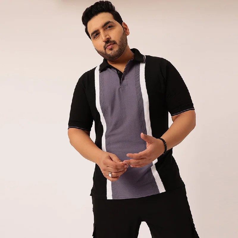 Lightweight Men's Linen ShirtsBlack Mauve Jacquard Knitted Polo T-shirt