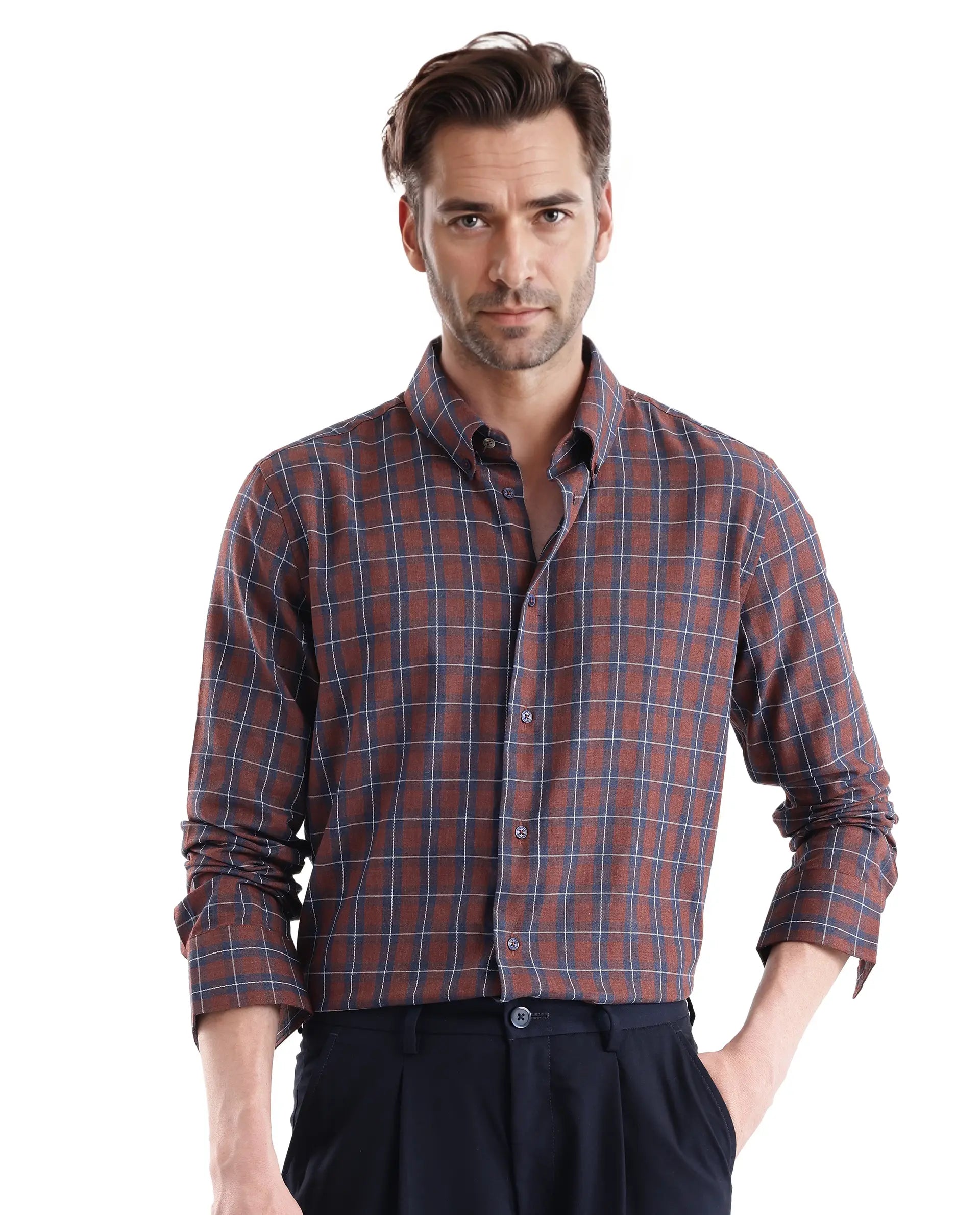 Men's Solid-Colored Shirts for VersatilityRare Rabbit Men's Zary Brown Cotton Fabric Full Sleeve Collared Neck Checks Shirt Men's Solid-Colored Shirts for VersatilityRare Rabbit Men's Zary Brown Cotton Fabric Full Sleeve Collared Neck Checks Shirt