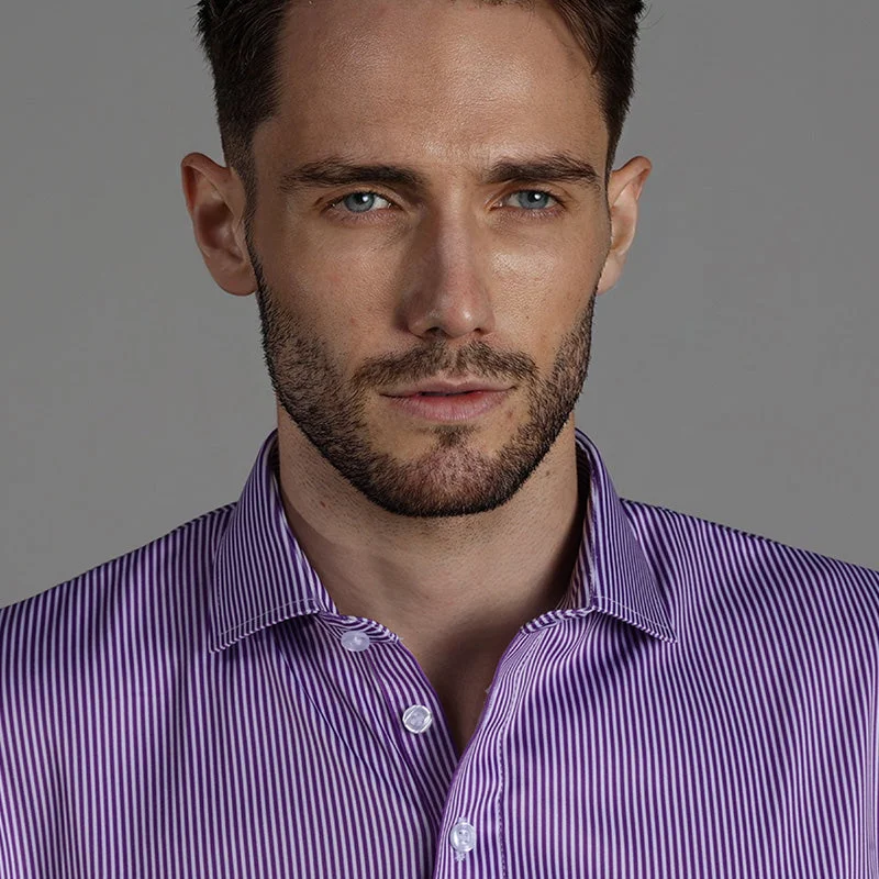 Durable Men's Work ShirtsSemi-Spread Collar Polo Purple Stripe