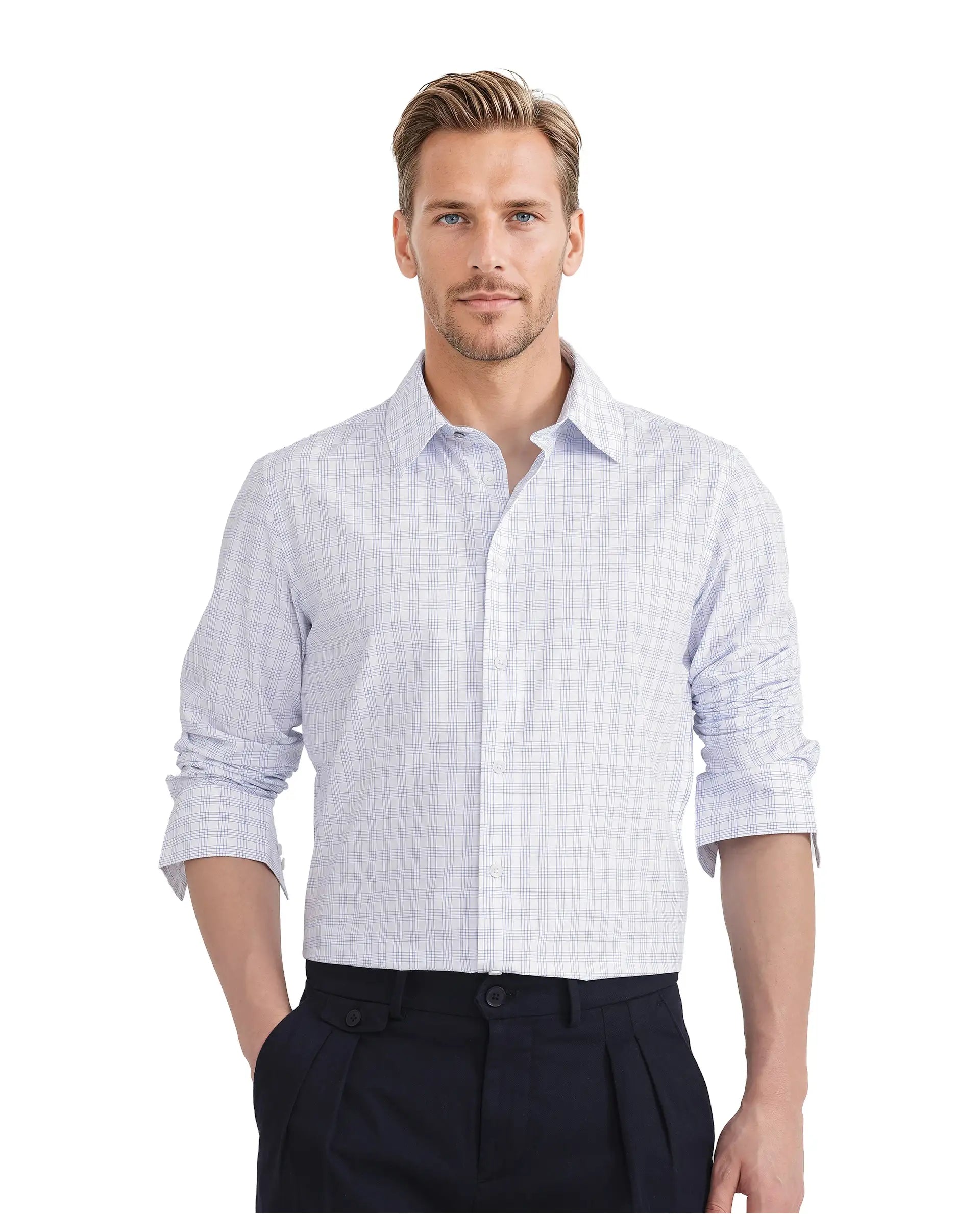 Men's French-Cuff Shirts for a Sophisticated EdgeRare Rabbit Men's Bogot Blue Cotton Fabric Full Sleeve Regular Collared Check Printed Shirt Men's French-Cuff Shirts for a Sophisticated EdgeRare Rabbit Men's Bogot Blue Cotton Fabric Full Sleeve Regular Collared Check Printed Shirt