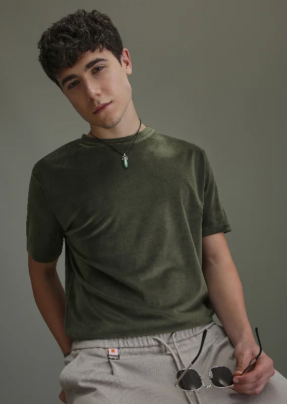 Men's Shirts with Contrast CollarsDark Olive Suede T-shirt