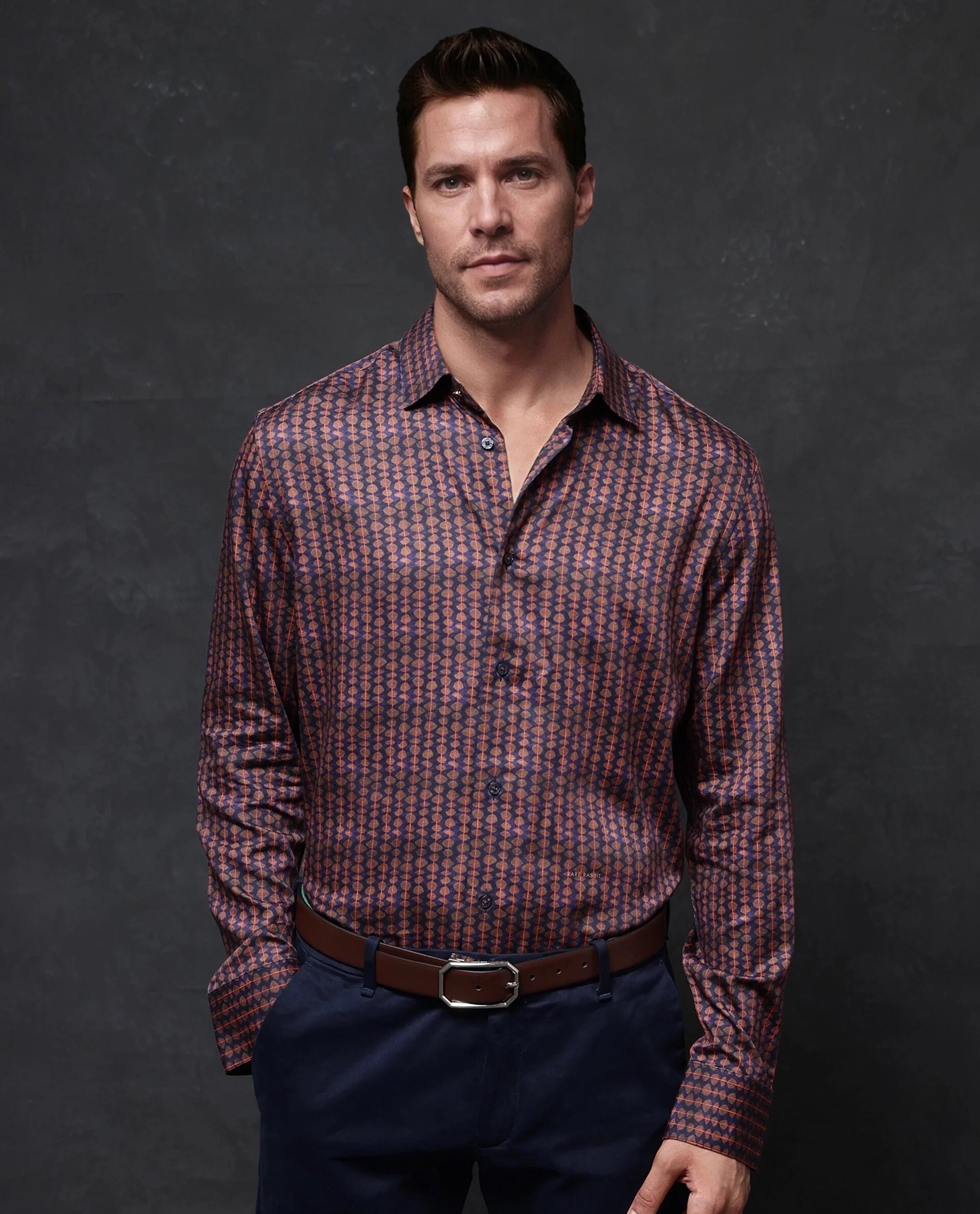 Men's Oxford Shirts for a Preppy StyleRare Rabbit Men Flux Dark Purple Full Sleeve Button Closure Regular Fit Geometric Print Shirt Men's Oxford Shirts for a Preppy StyleRare Rabbit Men Flux Dark Purple Full Sleeve Button Closure Regular Fit Geometric Print Shirt