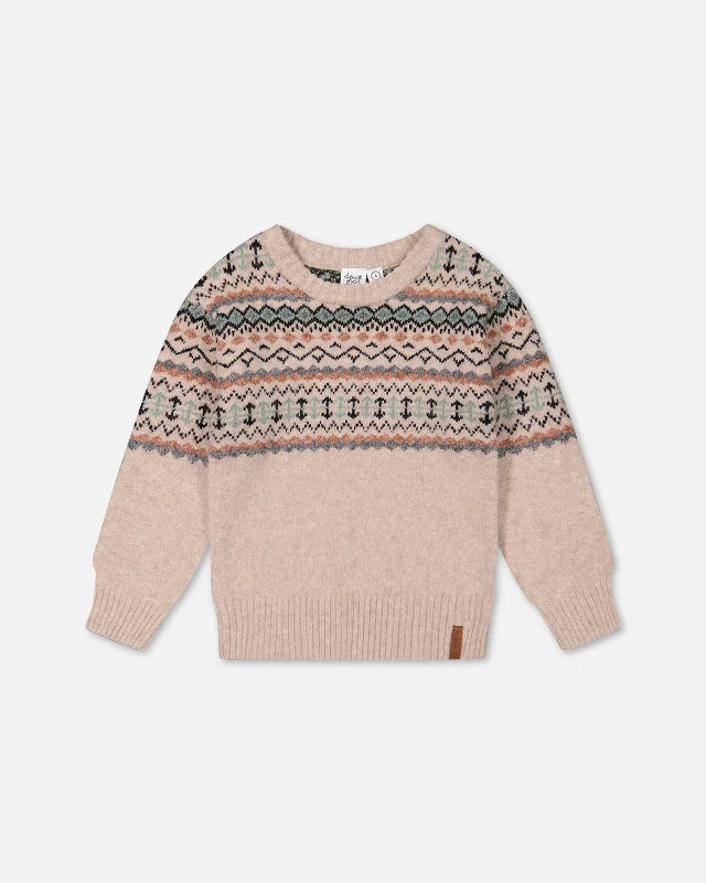 Men's Sweaters with Asymmetrical HemlinesSweater With Norwegian Jacquard Beige Mix