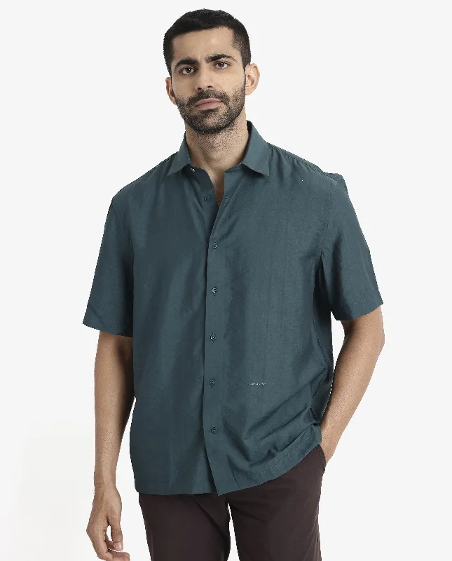 Men's Versatile Dress Shirts for Multiple OccasionsRare Rabbit Men Blois Dark Teal Viscose Nylon Fabric Short Sleeve Slim Fit Plain Shirt Men's Versatile Dress Shirts for Multiple OccasionsRare Rabbit Men Blois Dark Teal Viscose Nylon Fabric Short Sleeve Slim Fit Plain Shirt