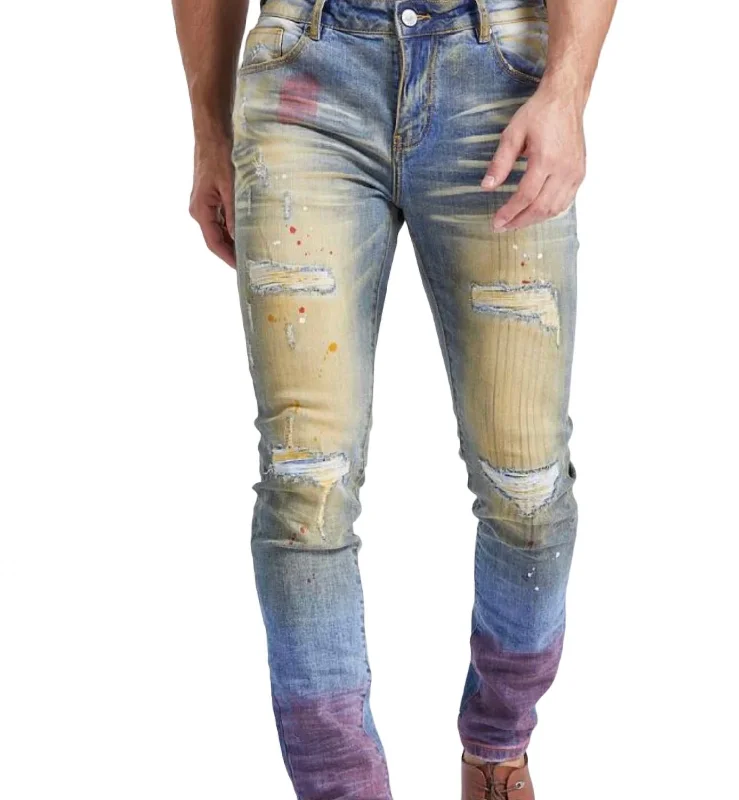 Everyday Casual Men's JeansMen's Rip And Repair Splattered Washed Jeans In Tint Blue