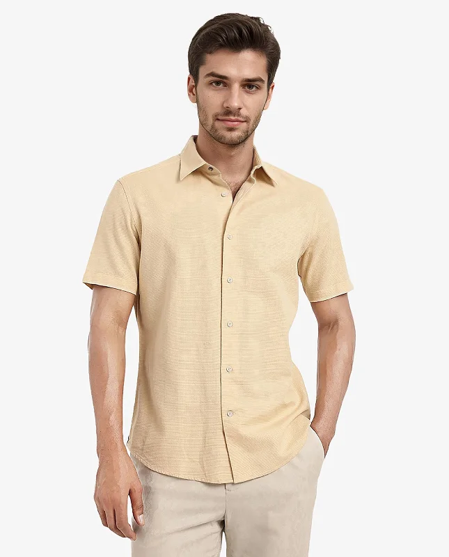 Men's Organic Cotton Shirts for Eco-ConsciousnessRare Rabbit Men's Matto Light Yellow Cotton Fabric Short Sleeve Regular Fit Self Stripe Dobby Shirt