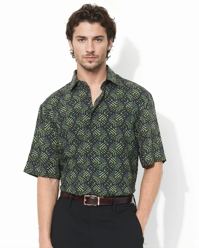 Men's Patterned Casual Shirts for Relaxed StylingRare Rabbit Men's Deaton Black Viscose Fabric Half Sleeves Regular Fit Geometric Print Shirt Men's Patterned Casual Shirts for Relaxed StylingRare Rabbit Men's Deaton Black Viscose Fabric Half Sleeves Regular Fit Geometric Print Shirt