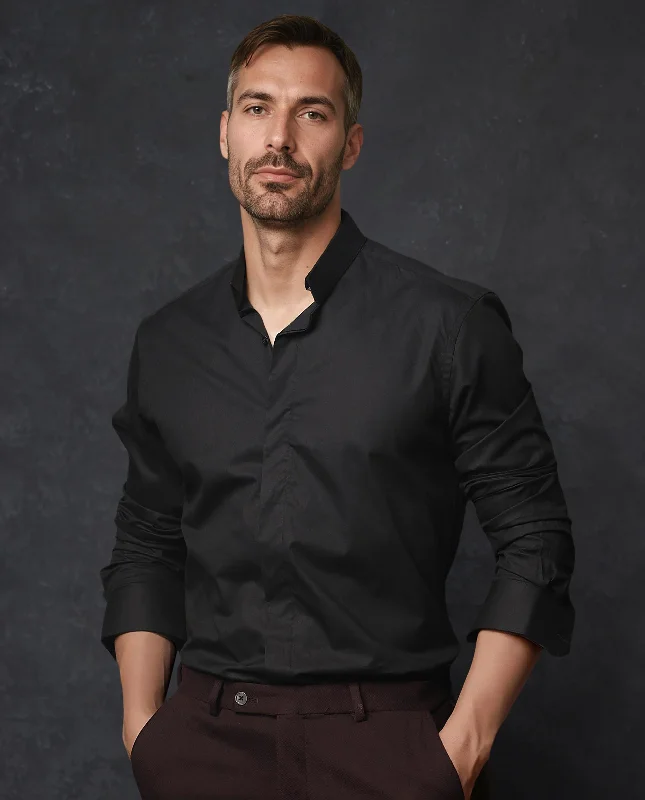 Men's Rugby Shirts for a Sporty LookRare Rabbit Men's Radon Black Cotton Fabric Mandarin Collar Full Sleeves Solid Shirt