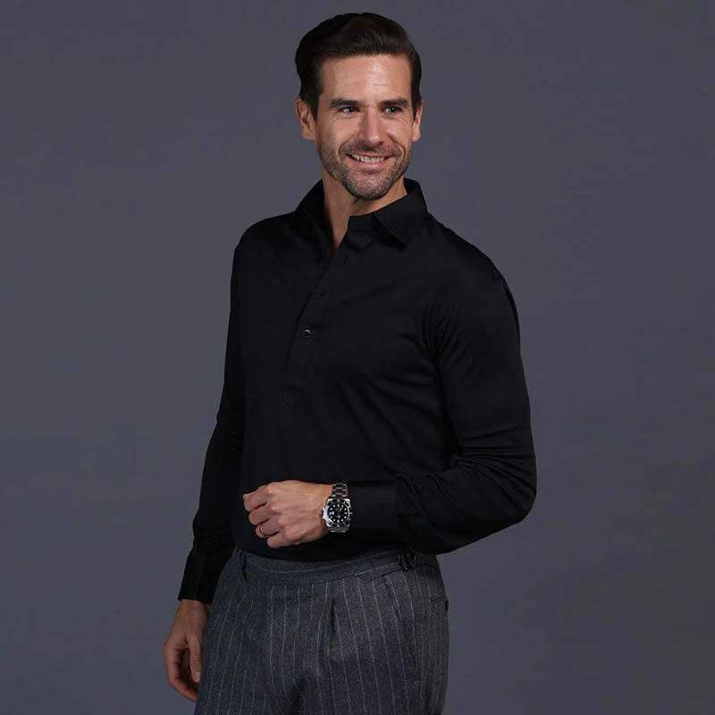 Men's Shirts with Lace-Up HemlinesSemi-Spread Collar Polo Long Sleeve Black