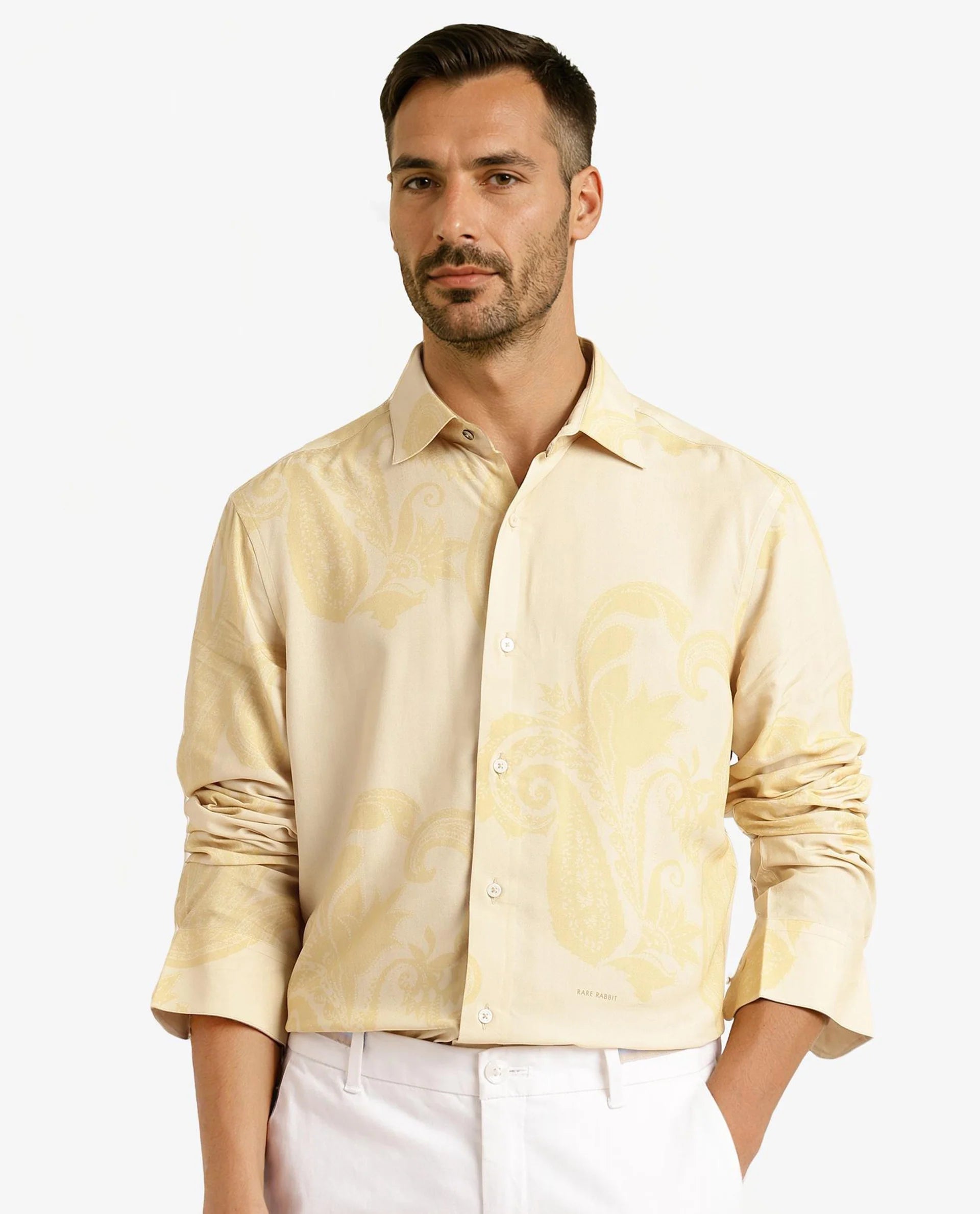 Men's Minimalist Shirts for a Clean LookRare Rabbit Men Koigi Dusky Yellow Viscose Fabric Full Sleeve Regular Paisley Printed Shirt Men's Minimalist Shirts for a Clean LookRare Rabbit Men Koigi Dusky Yellow Viscose Fabric Full Sleeve Regular Paisley Printed Shirt