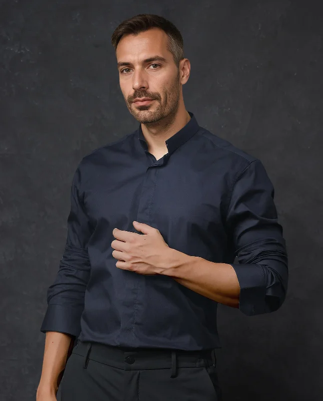 Men's Tab-Collar Shirts for a Crisp LookRare Rabbit Men's Radon Navy Cotton Fabric Mandarin Collar Full Sleeves Solid Shirt Men's Tab-Collar Shirts for a Crisp LookRare Rabbit Men's Radon Navy Cotton Fabric Mandarin Collar Full Sleeves Solid Shirt