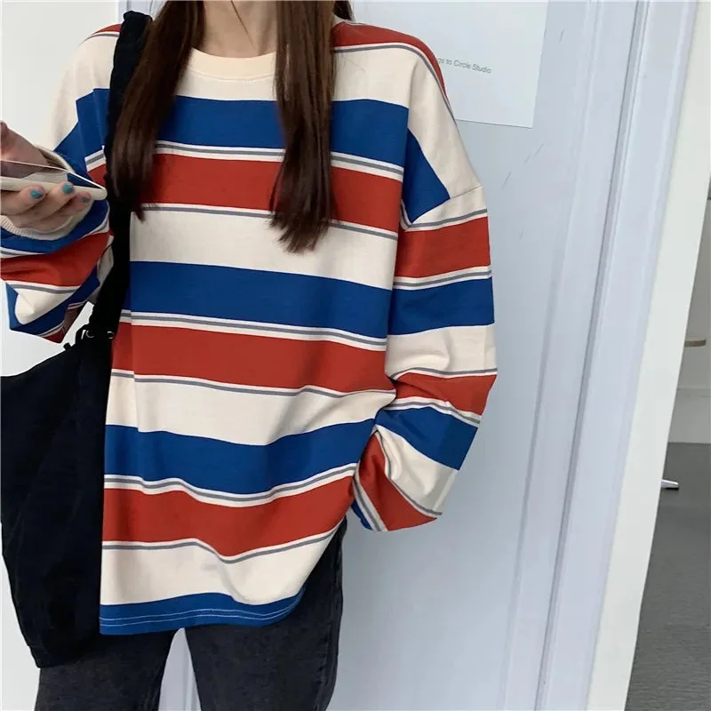 Men's Sweaters for SpringKittenAlarm - Loose Oversize College Style Striped Long Sleeve Shirt