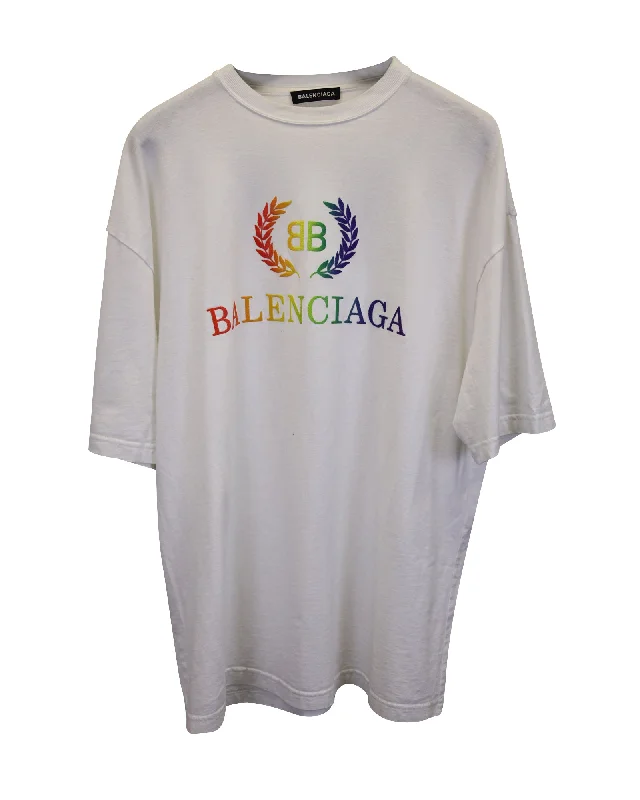 Comfortable Men's Polo ShirtsBalenciaga Laurier Rainbow Logo T-Shirt in White Cotton Comfortable Men's Polo ShirtsBalenciaga Laurier Rainbow Logo T-Shirt in White Cotton