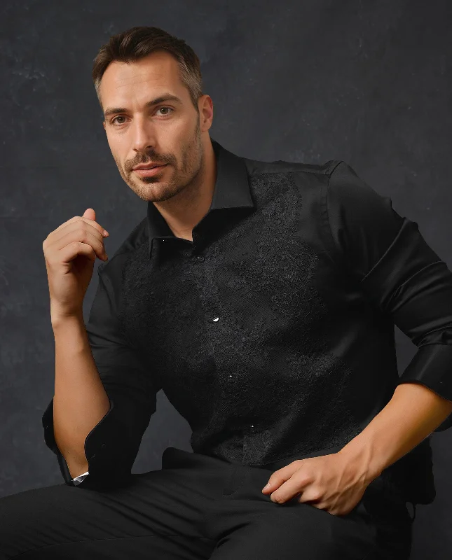 Men's Bold-Color Shirts for a Statement PieceRare Rabbit Men's Faro Black Cotton Fabric Lace Embroidered Full Sleeves Shirt Men's Bold-Color Shirts for a Statement PieceRare Rabbit Men's Faro Black Cotton Fabric Lace Embroidered Full Sleeves Shirt