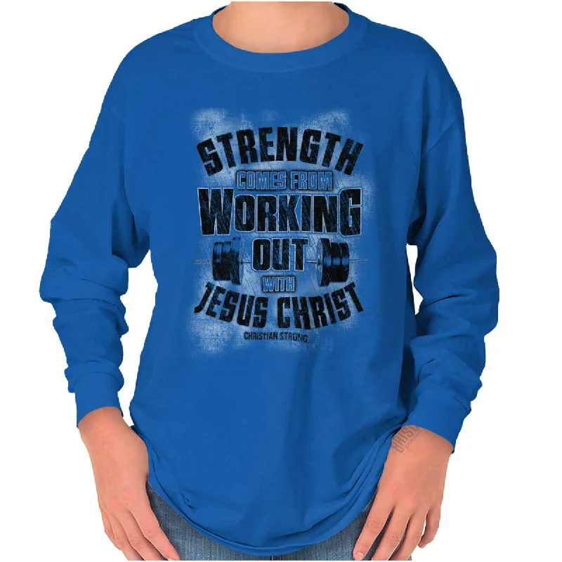 Men's Shirts with Surplice HemlinesWorking Out With Christ Youth Long Sleeve T-Shirt