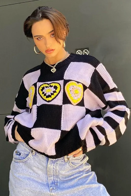 Men's Sweaters with Stand-Up CollarsCrew Neck Checker Crochet Sweater