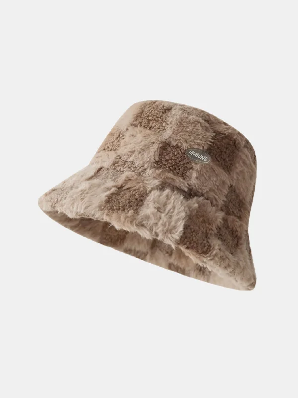 Affordable Winter BeaniesCheck Plush Warm Faux Fur Bucket Hat