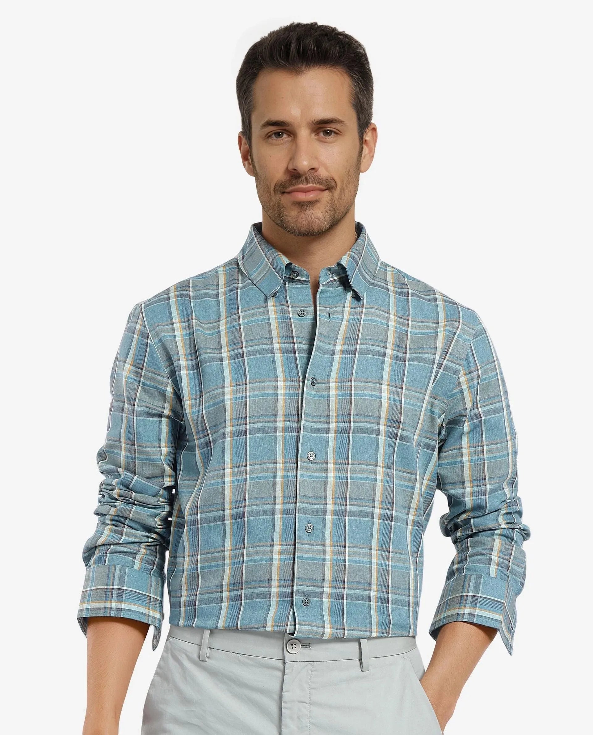 Men's Rugby Shirts for a Sporty LookRare Rabbit Men's Golk Turq Cotton Fabric Full Sleeve Collared Neck Checks Shirt