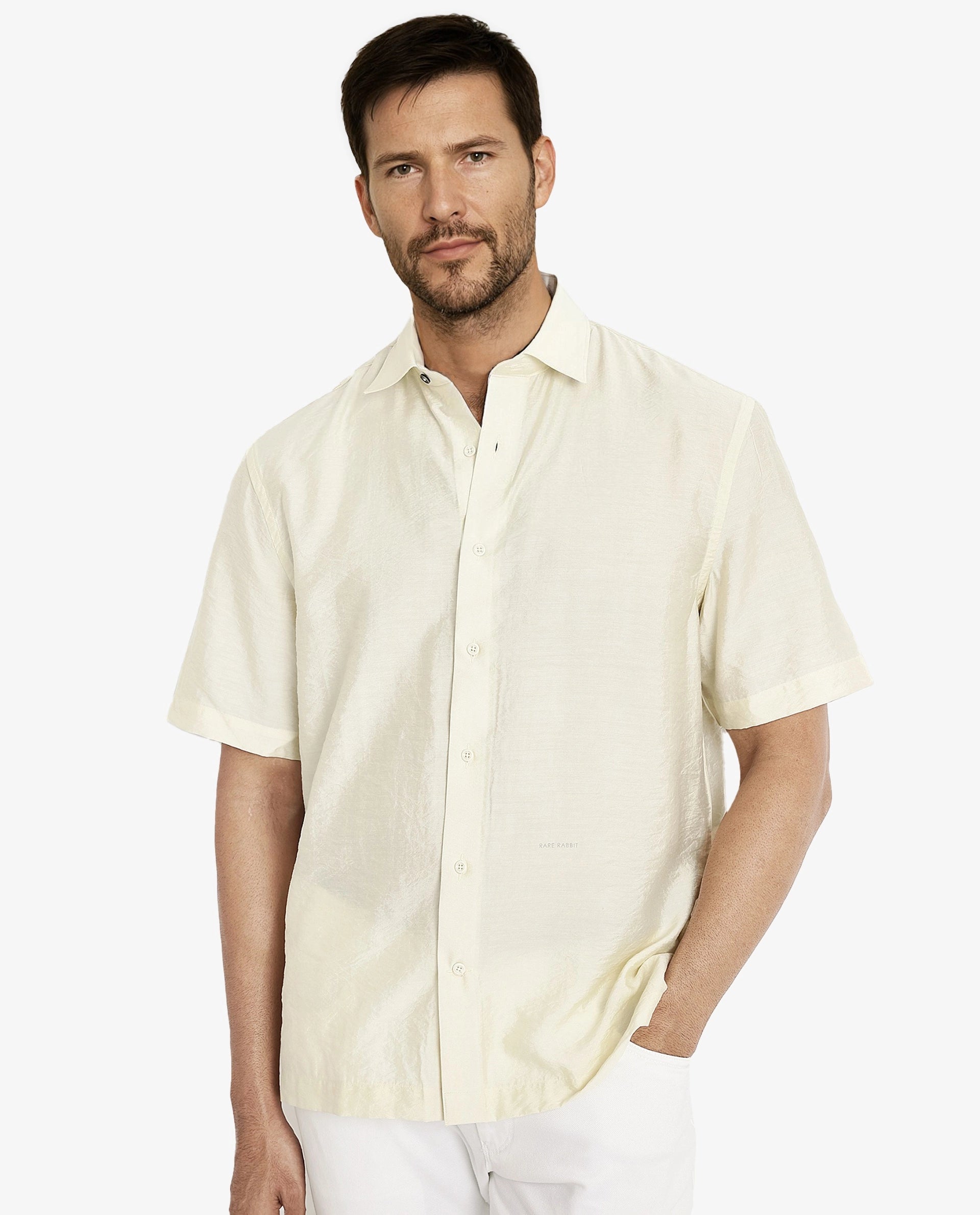 Breathable Men's Linen ShirtsRare Rabbit Men Blois Pastel Yellow Viscose Nylon Fabric Short Sleeve Slim Fit Plain Shirt Breathable Men's Linen ShirtsRare Rabbit Men Blois Pastel Yellow Viscose Nylon Fabric Short Sleeve Slim Fit Plain Shirt