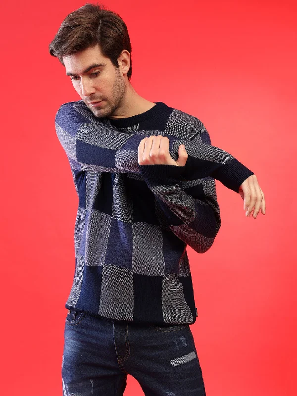 Solid-Colored Men's SweatersMen Blue Checked Pullover Sweater