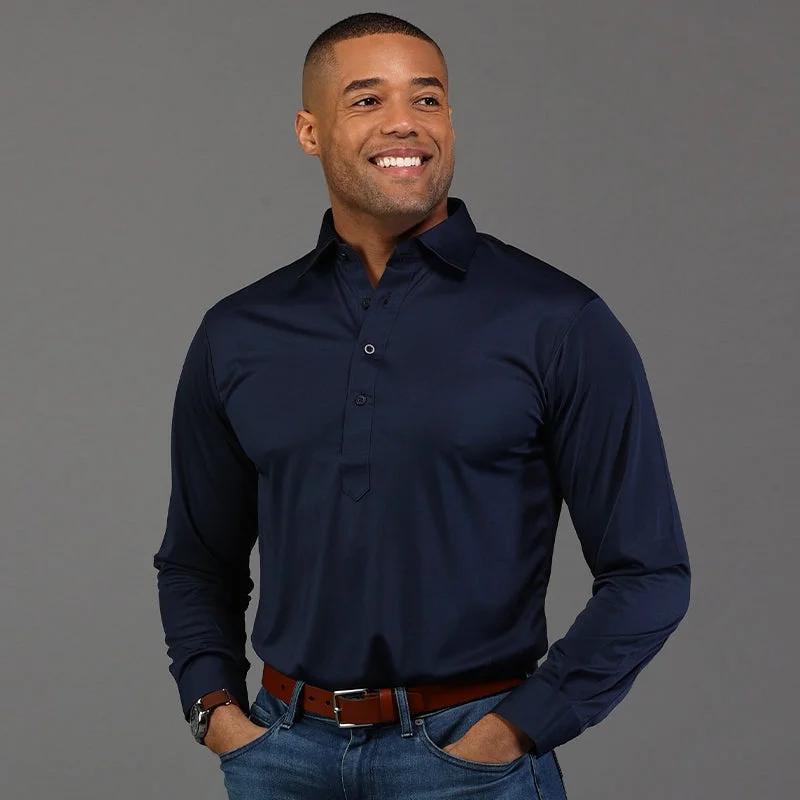Men's Shirts with Pin CollarsSemi-Spread Collar Polo Long Sleeve Navy