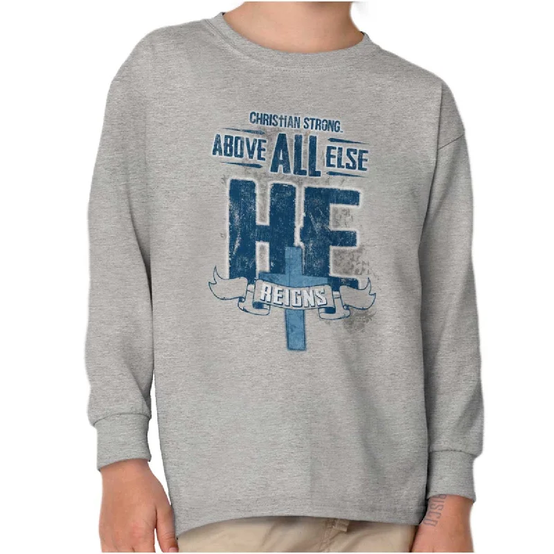 Men's Shirts with Hidden PocketsHe Reigns Youth Long Sleeve T-Shirt