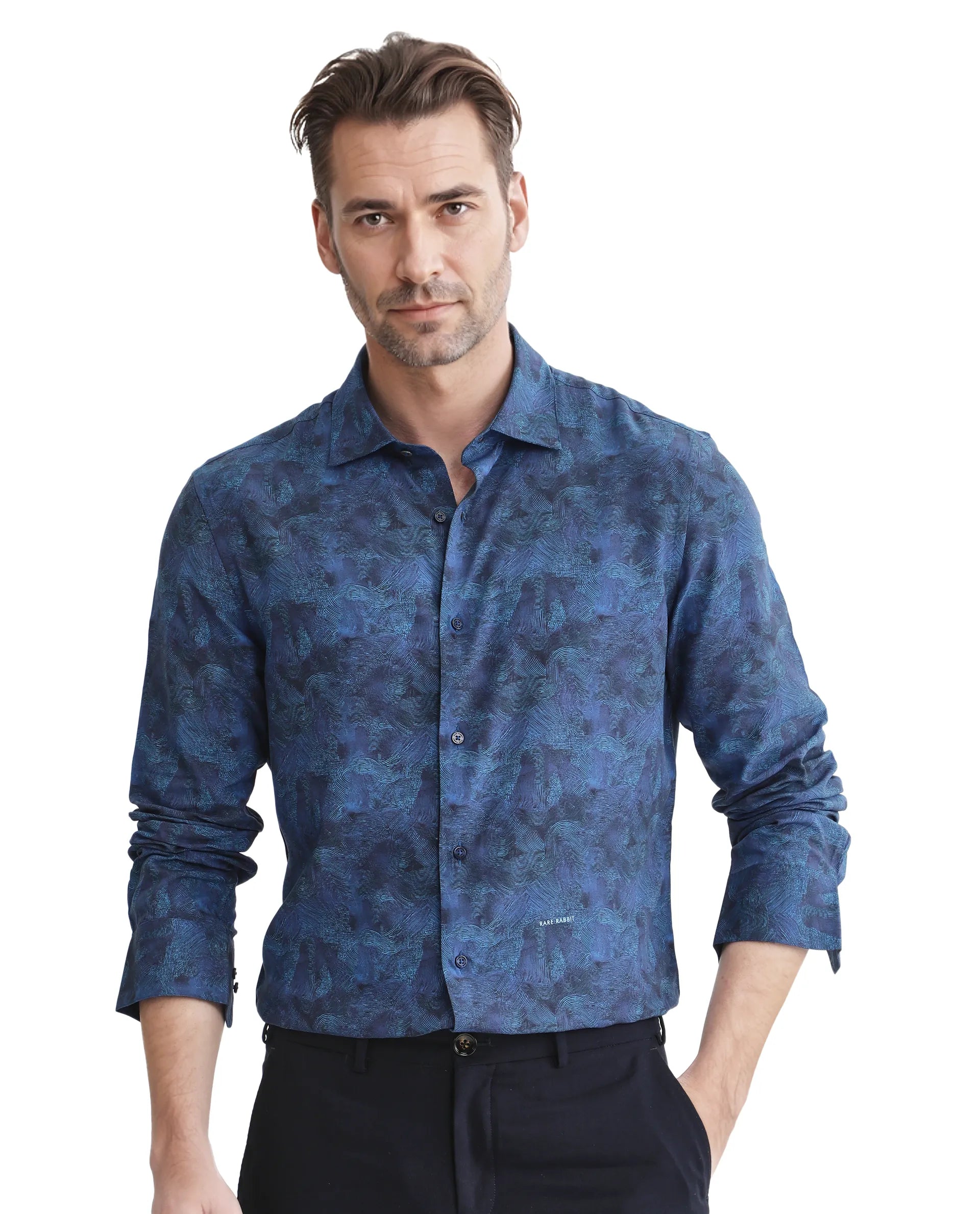 Men's Patterned Dress Shirts for a Unique TwistRare Rabbit Men Taylor Navy Viscose Fabric Printed Shirt Men's Patterned Dress Shirts for a Unique TwistRare Rabbit Men Taylor Navy Viscose Fabric Printed Shirt
