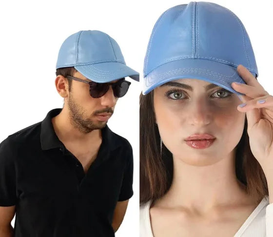 Warm Woolen HatsSky Blue Men's Genuine Leather Adjustable Baseball Cap