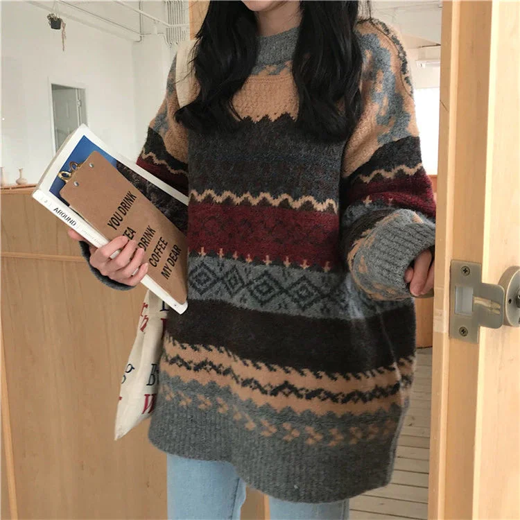 Men's Sweaters with High-Low HemlinesKittenAlarm - Retro Geometric Pattern Knitted Loose Sweater