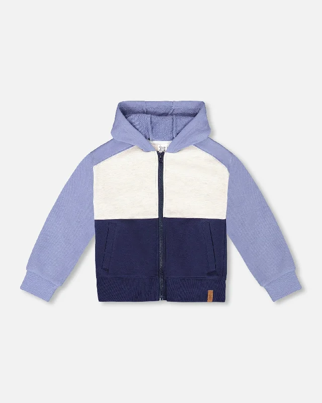 Warm Men's Hooded SweatersFrench Terry Color Block Full Zip Hoodie Sweatshirt Blue, Navy And Cream