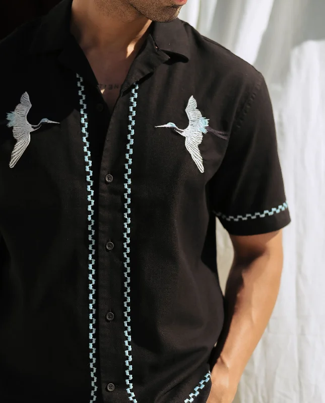 Men's Smart Casual Shirts for Business Casual SettingsRare Rabbit Men Yoko Black Cotton Fabric Cuban Collar Embroidered Shirt Men's Smart Casual Shirts for Business Casual SettingsRare Rabbit Men Yoko Black Cotton Fabric Cuban Collar Embroidered Shirt