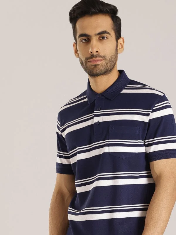Men's Shirts with Embellished HemlinesMen Striped Polo T-Shirt