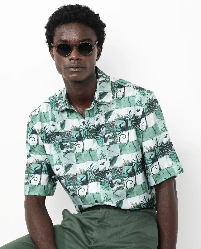 Men's Tailored Shirts for a Sharp AppearanceRare Rabbit Men's Caph Green Viscose Fabric Short Sleeve Regular Fit Tropical Print Shirt Men's Tailored Shirts for a Sharp AppearanceRare Rabbit Men's Caph Green Viscose Fabric Short Sleeve Regular Fit Tropical Print Shirt