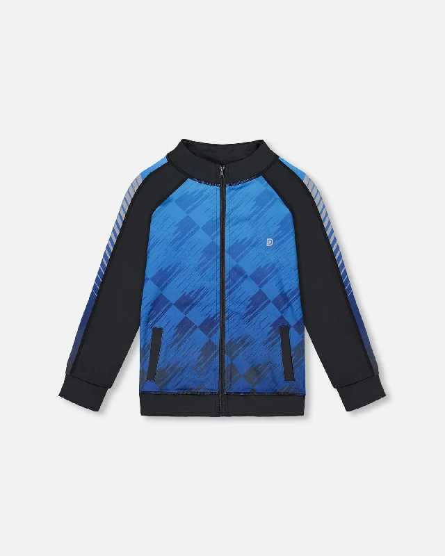 Men's Sweaters with Checkerboard PatternsPrinted Full Zip Athletic Cardigan Blue And Black